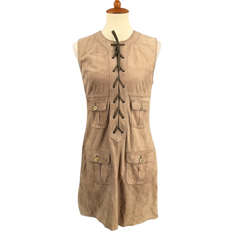 Strenesse Suede Leather Dress Tan Lace Up Pockets Womens Size 6 Western Utility